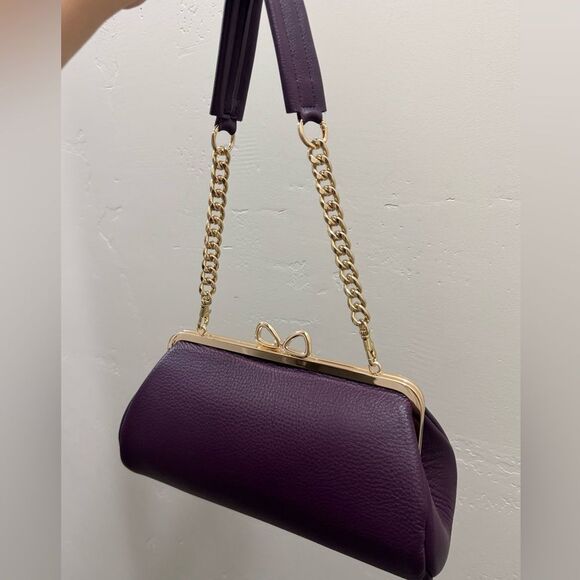 Purple Pebble Leather Handmade Bow Shaped Kisslock Baguette Bag/Crossbody - Picture 15 of 16